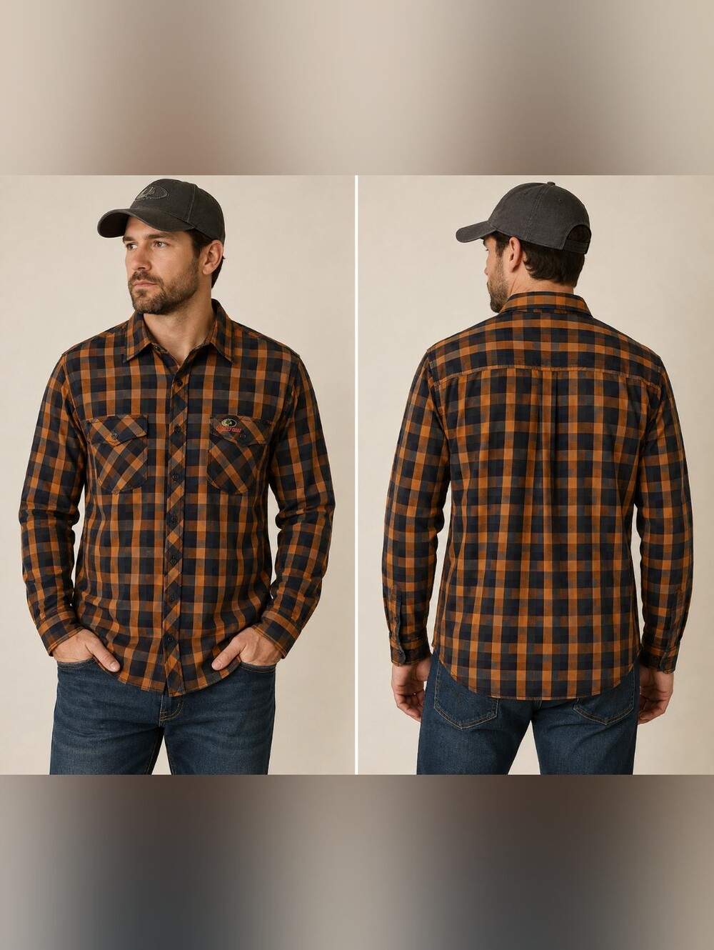 Mossy Oak Men's XL Orange Navy Plaid Pearl Snap Lightweight Outdoor Shirt